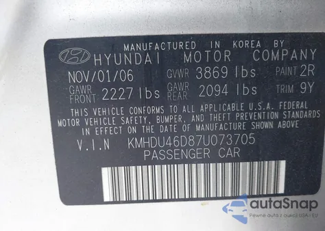 2007 Hyundai Elantra Gls/Limited/Se z USA, uszkodzony, nr VIN KMHDU46D87U073705